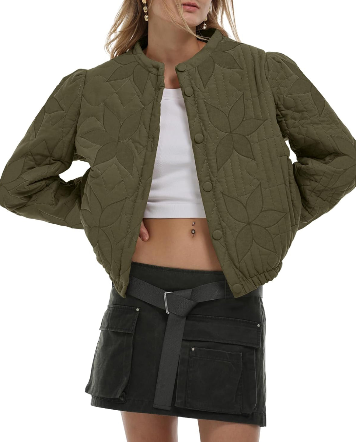 Cotton Quilted Crop Jacket in Olive Green