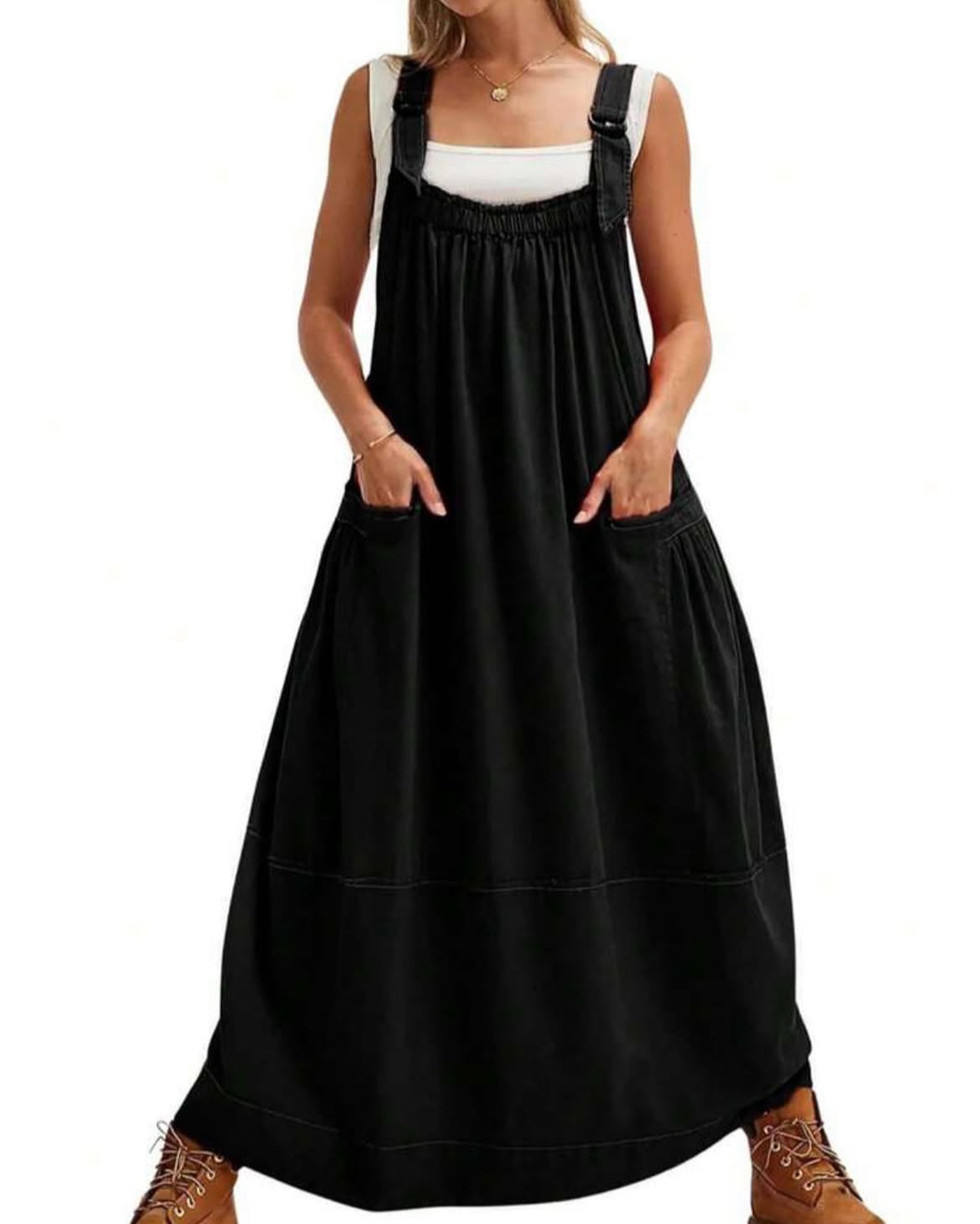 Cotton Overalls Dress , Bohemian Dress in Black