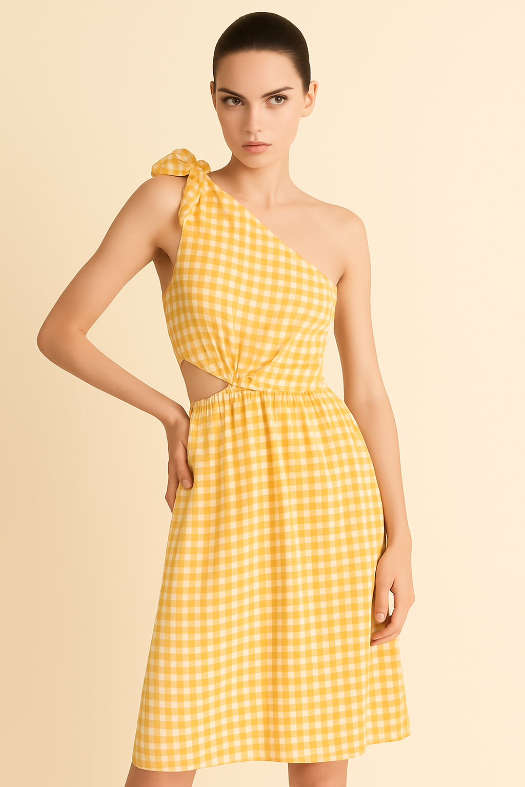 BELLA Cotton, One Shoulder Yellow Gingham Dress