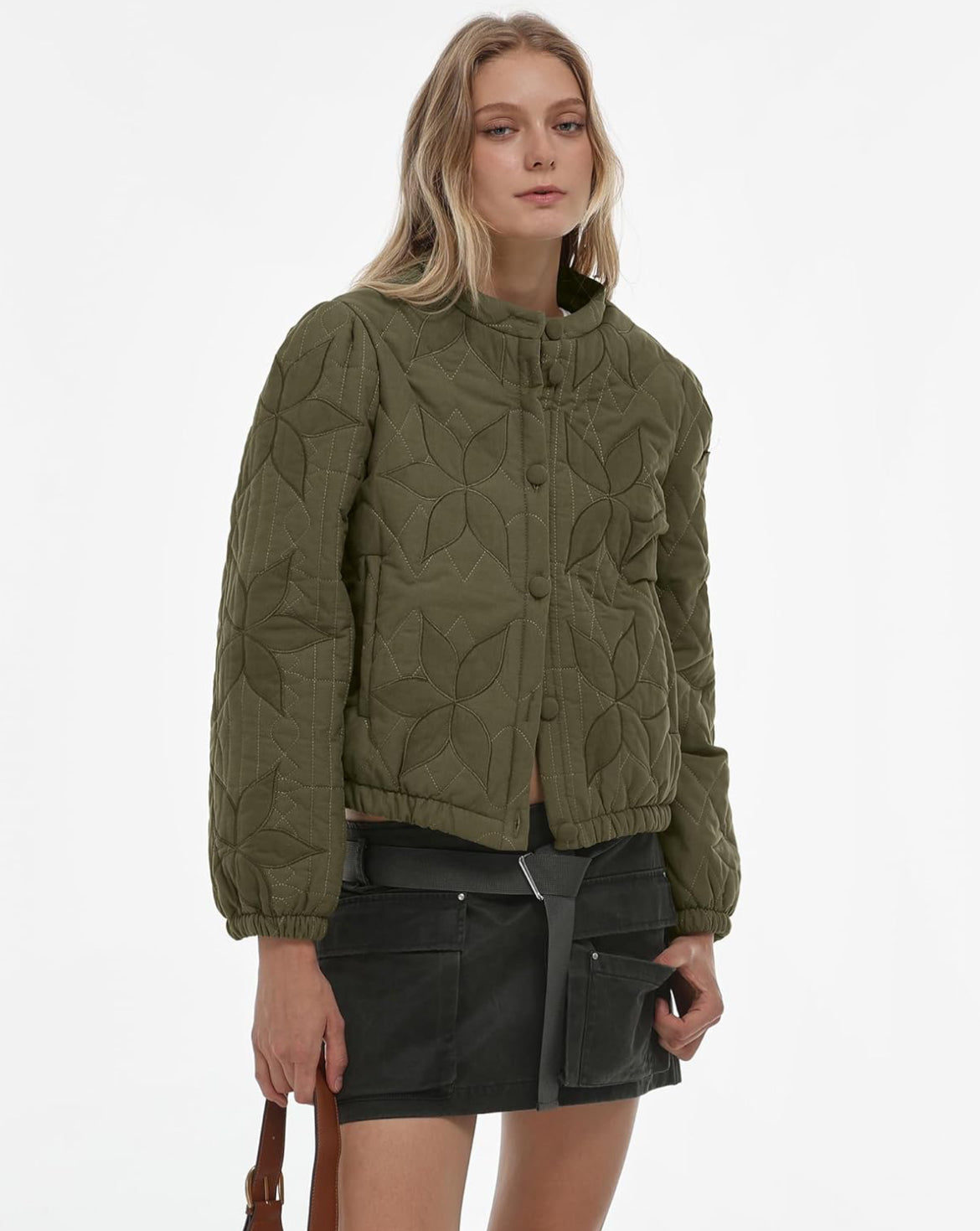 Cotton Quilted Crop Jacket in Olive Green