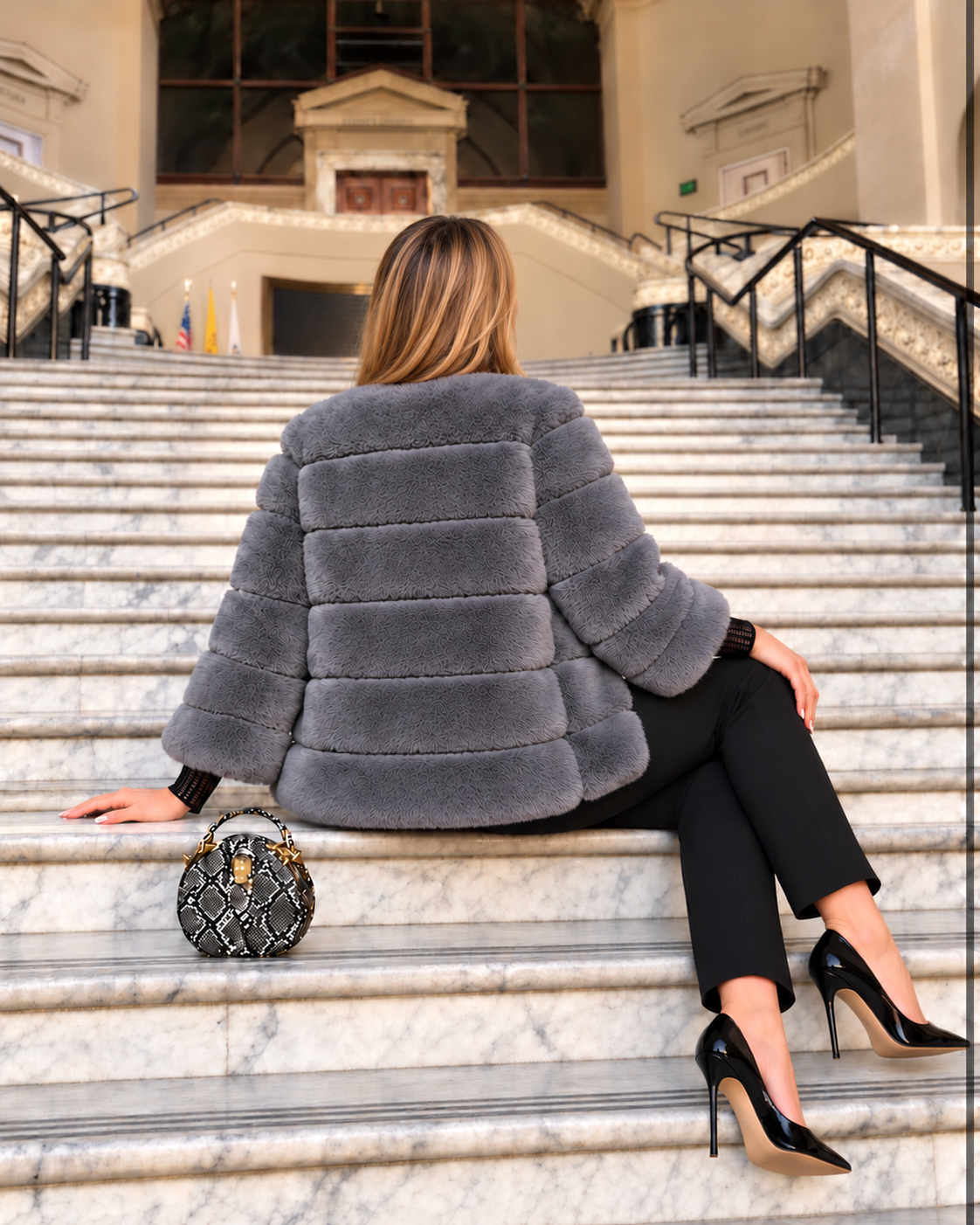 JORDAN Faux Chinchilla, 3/4 Sleeve Jacket in Smokey Grey