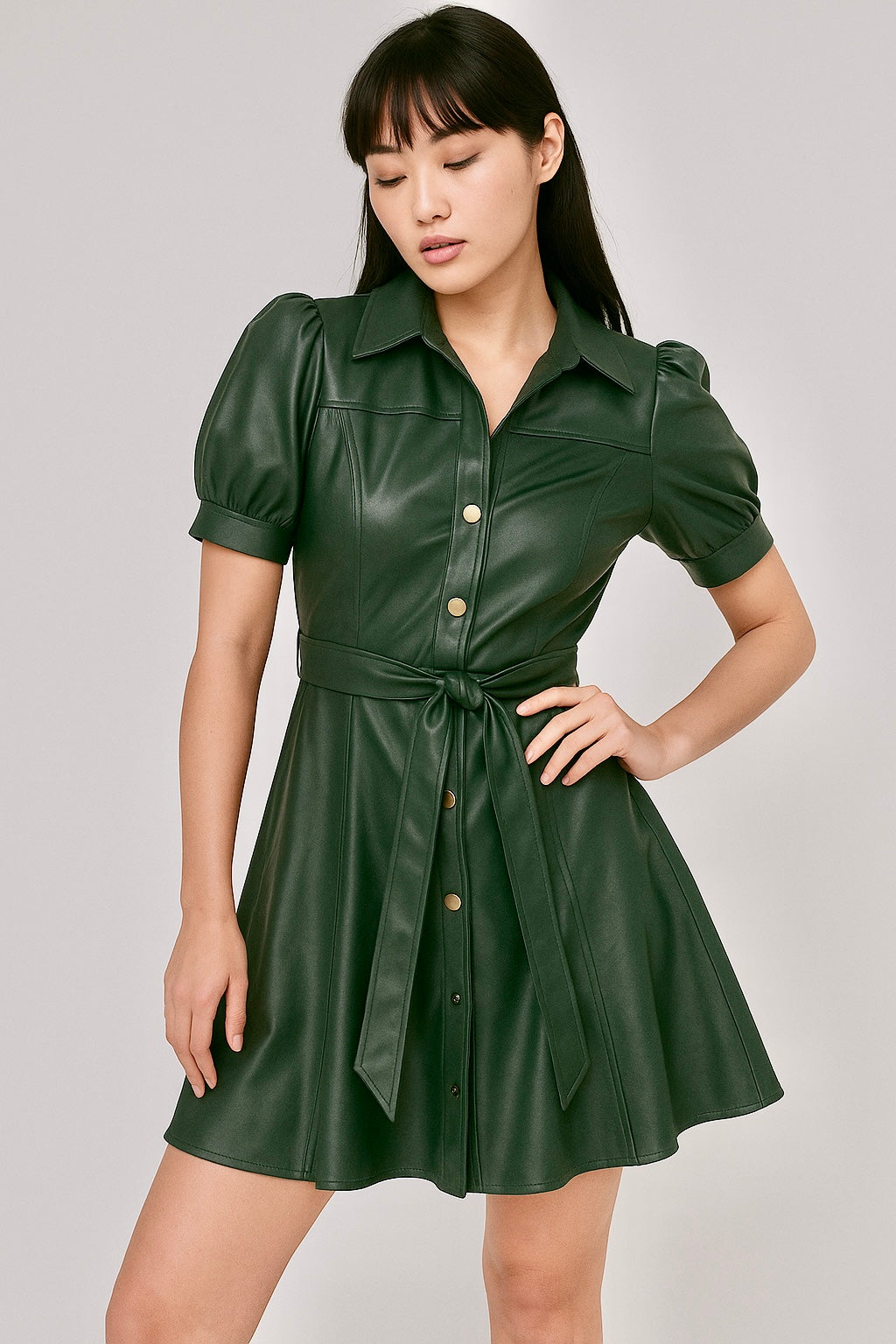 ADDISON Faux Leather Mini Dress in Hunter Green