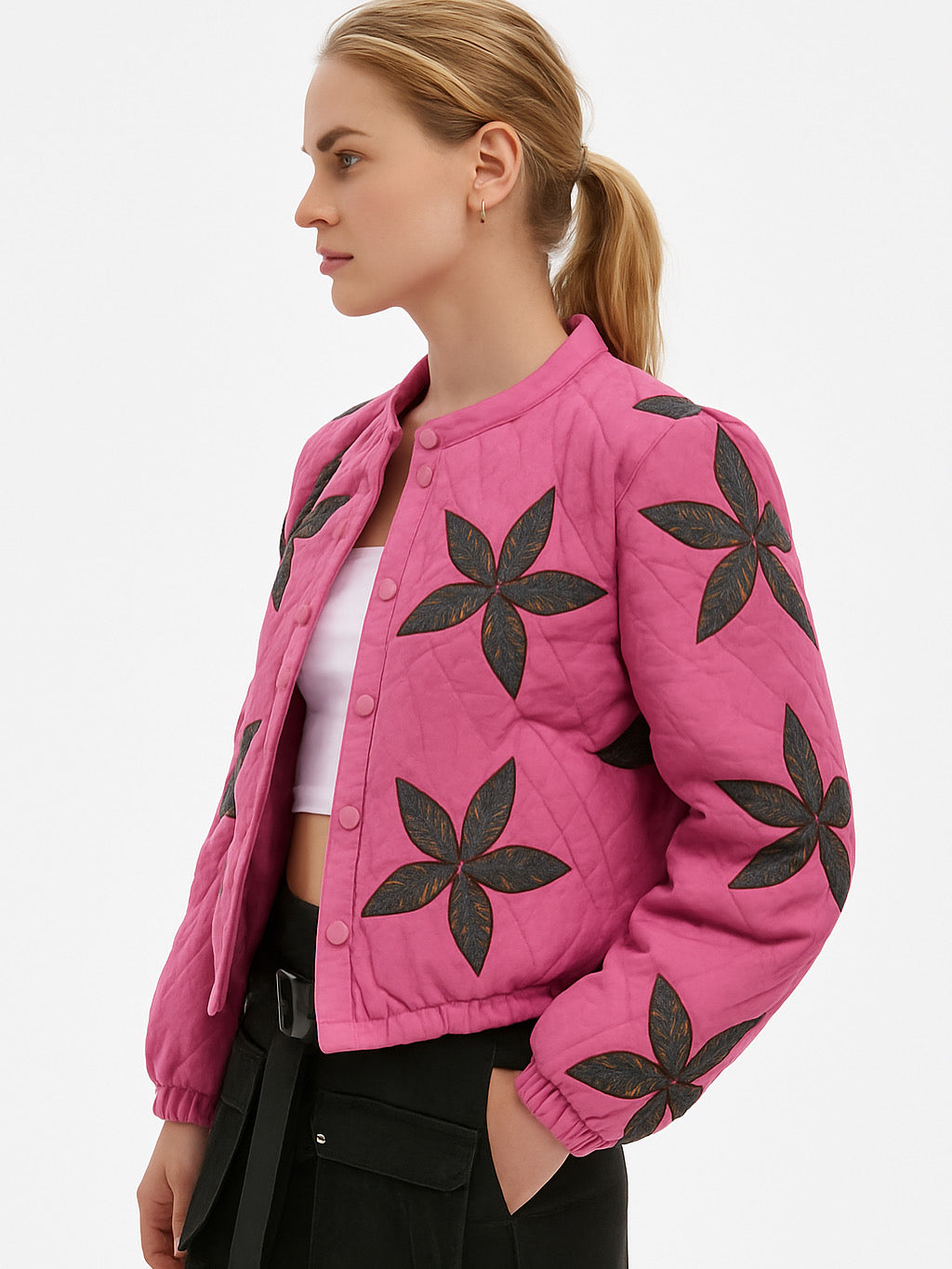 Cotton Quilted Crop Jacket in “Pretty Pink”