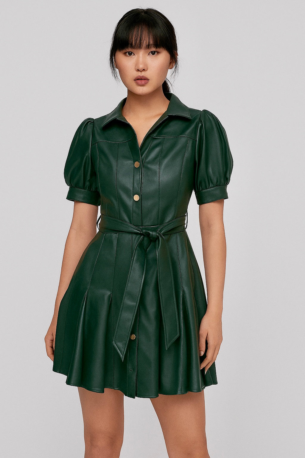 ADDISON Faux Leather Mini Dress in Hunter Green