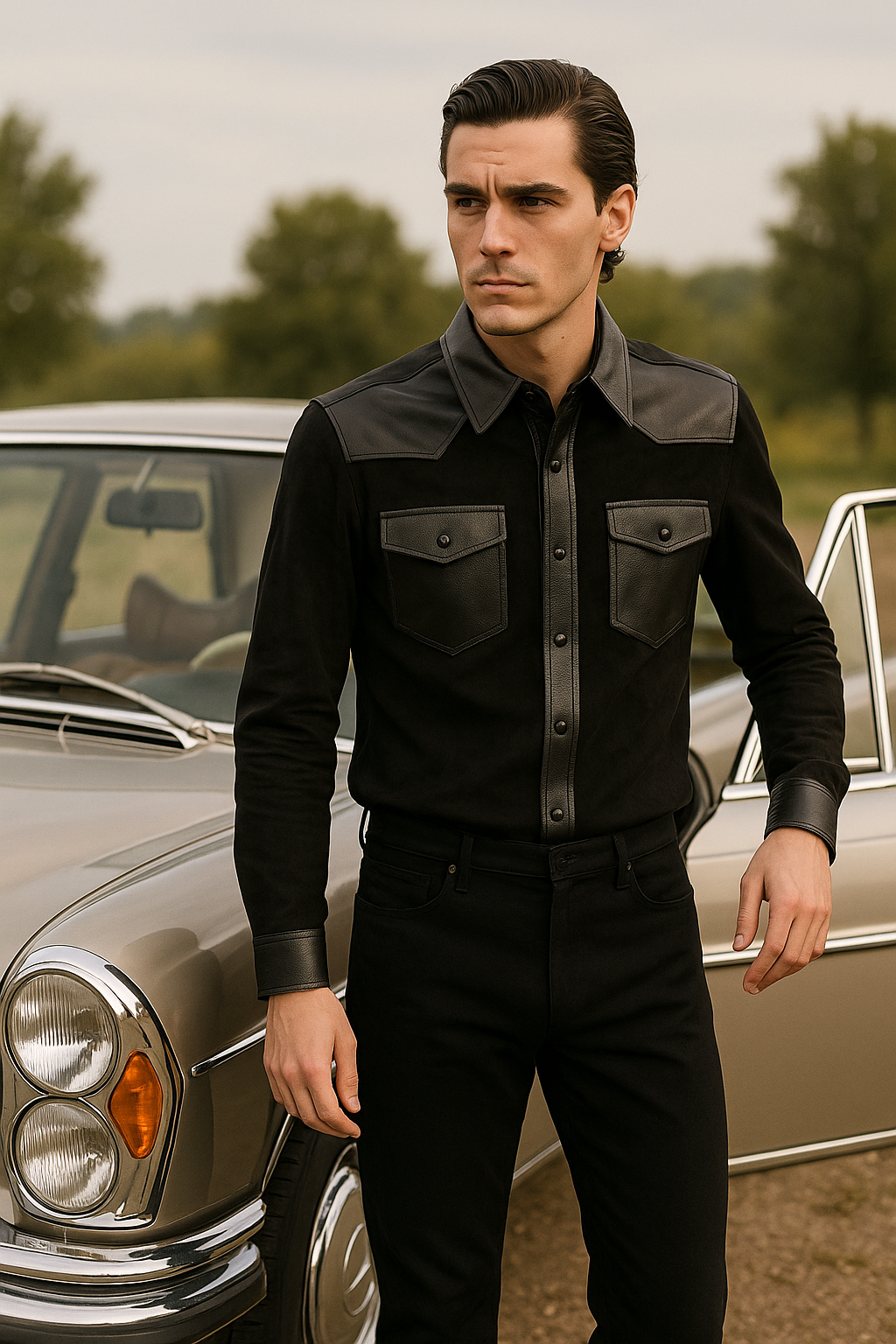 TESTINO Black Lambskin and Suede Western Shirt