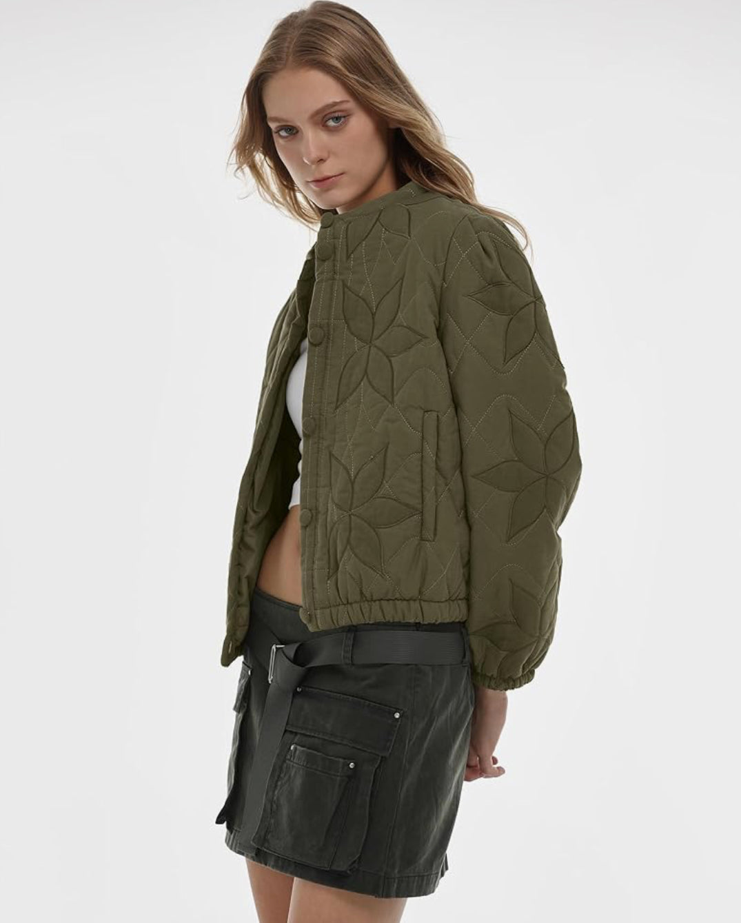 JAPANESE Style Quilted Crop Jacket in Green on Green