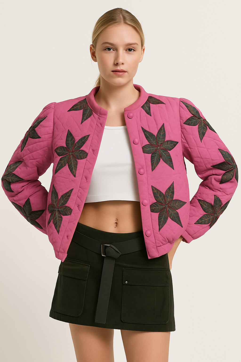 Cotton Quilted Crop Jacket in “Pretty Pink”