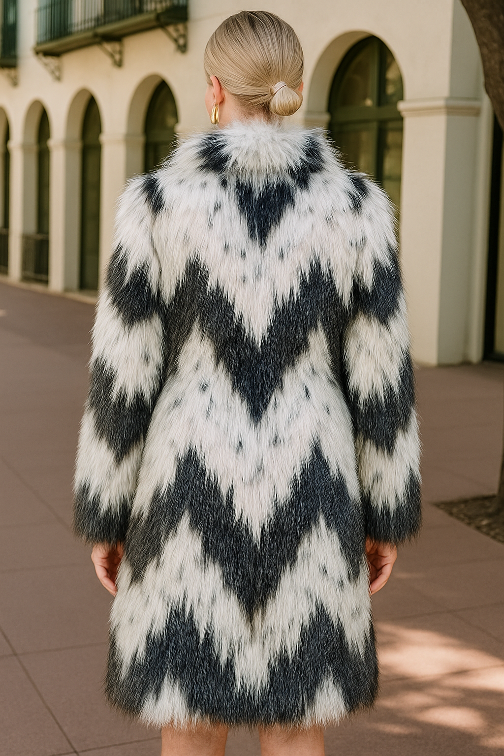 DRESDEN Faux Mongolian Fur Jacket in Blue/White Chevron
