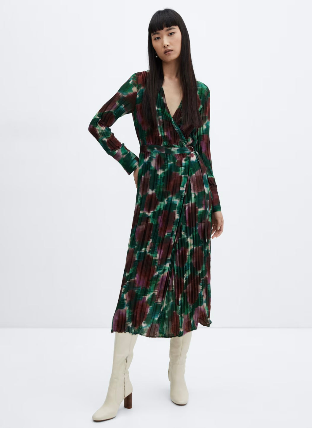 ASIAN Print Wrap Dress in Green Water Colors