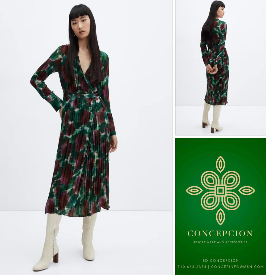 ASIAN Print Wrap Dress in Green Water Colors