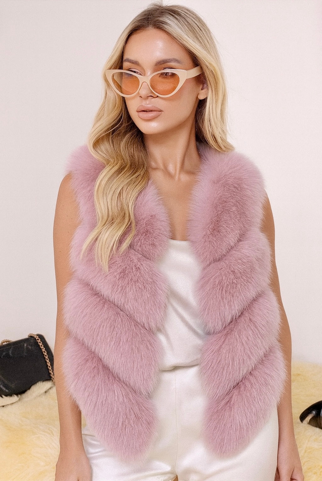 Faux Chinchilla Fur Vest in Dusty Rose