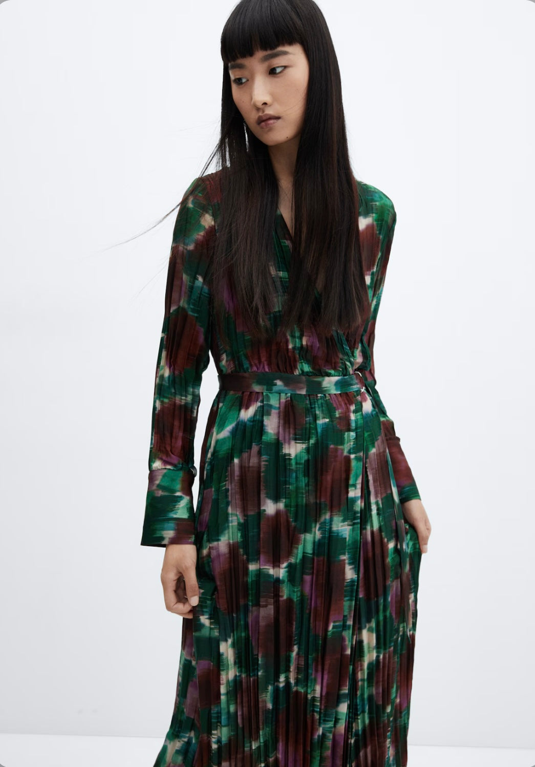 ASIAN Print Wrap Dress in Green Water Colors