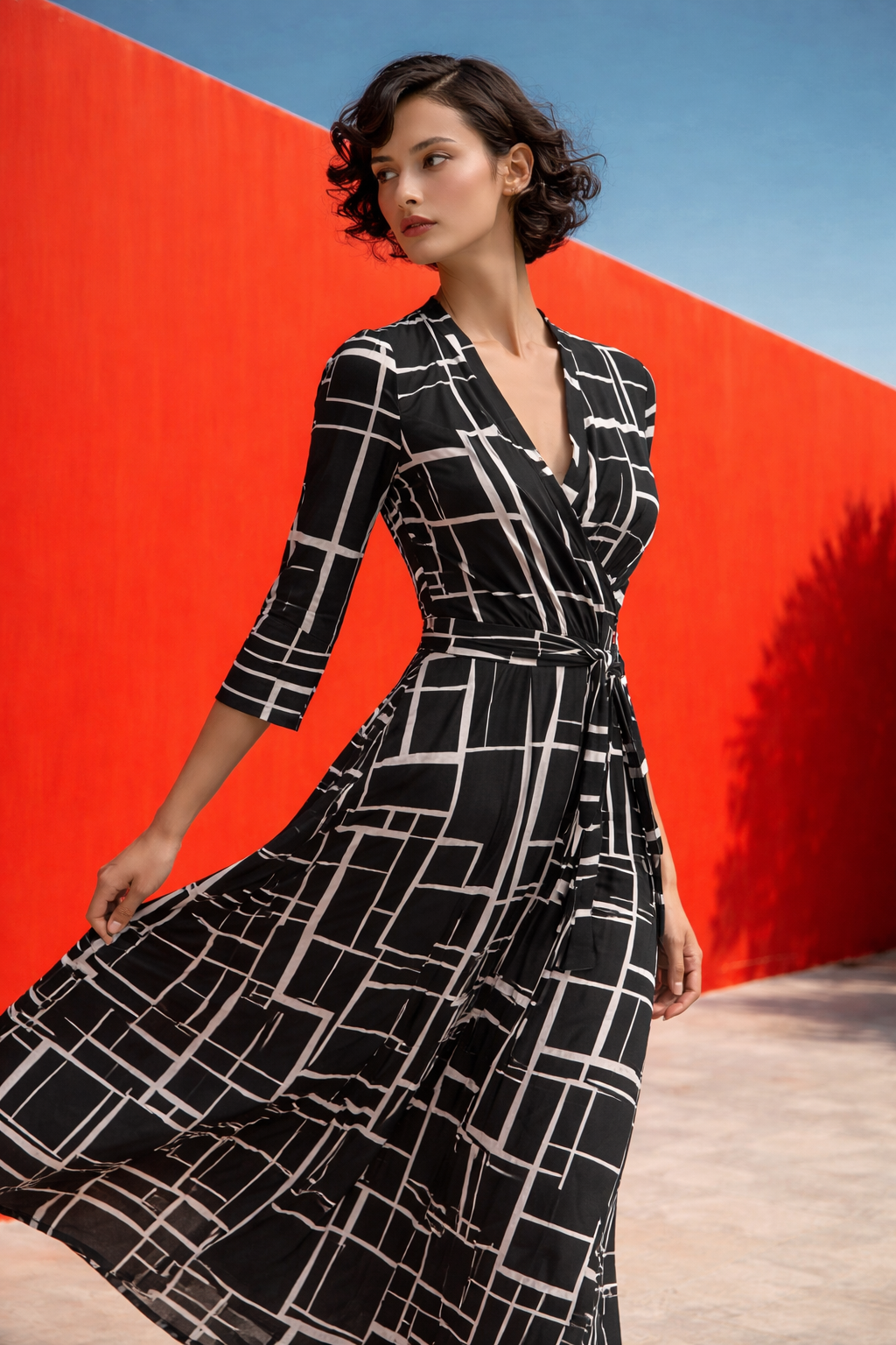 STELLA Wrap Style Dress in Black and White Block Print