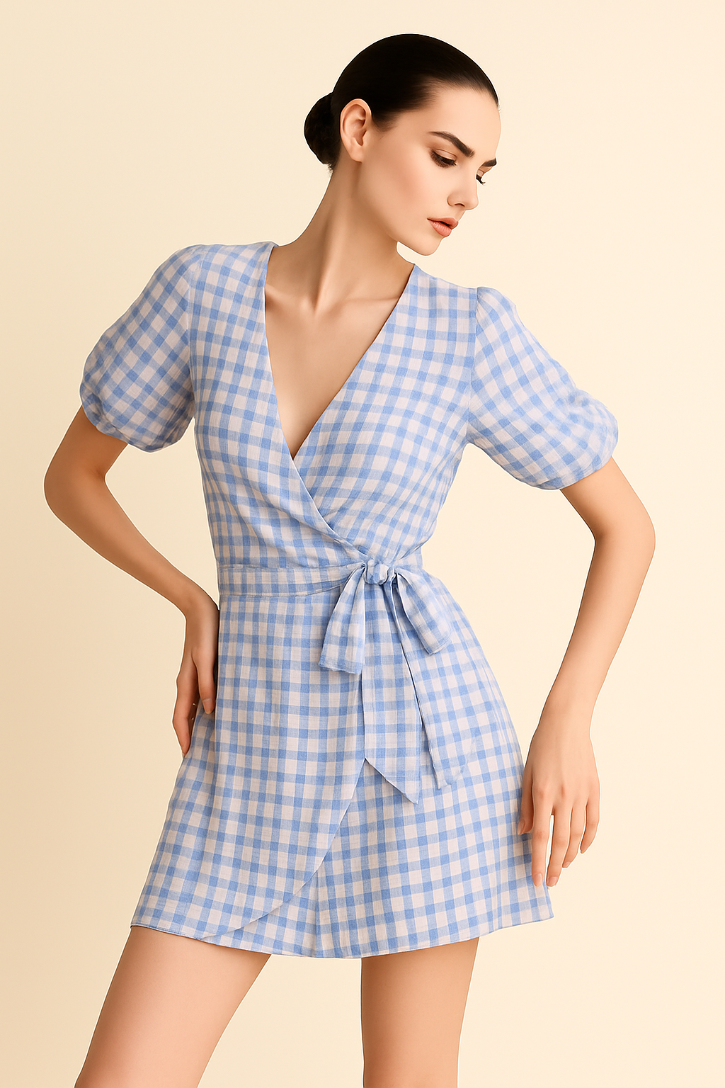 BELLA Cotton Wrap Dress in Blue Gingham
