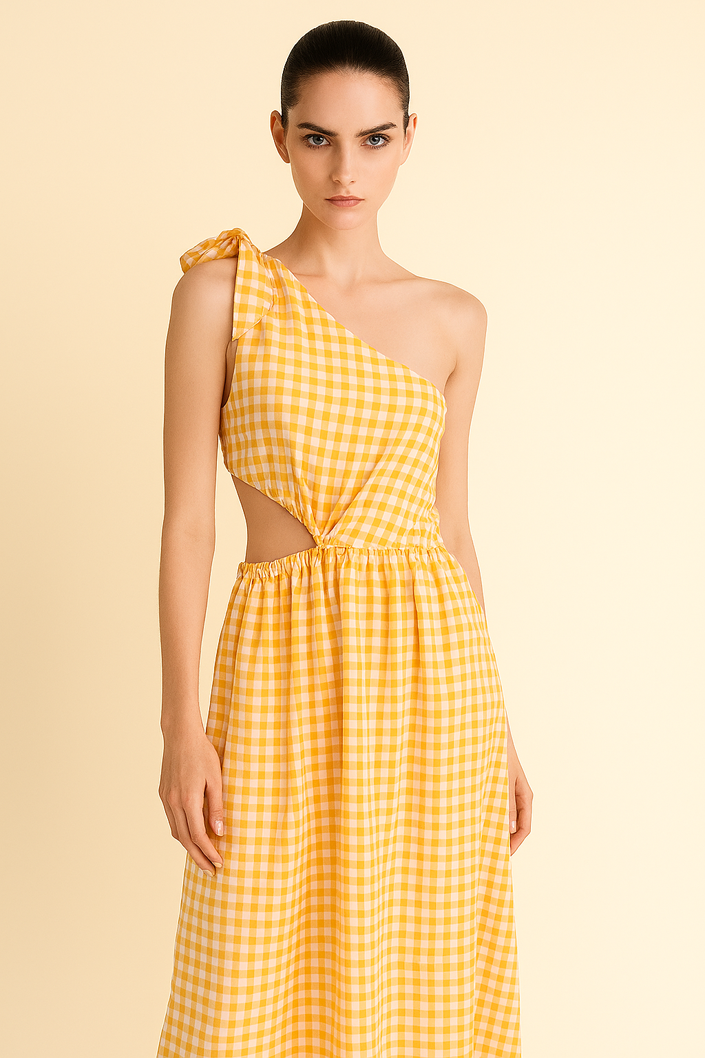 BELLA Cotton, One Shoulder Yellow Gingham Dress
