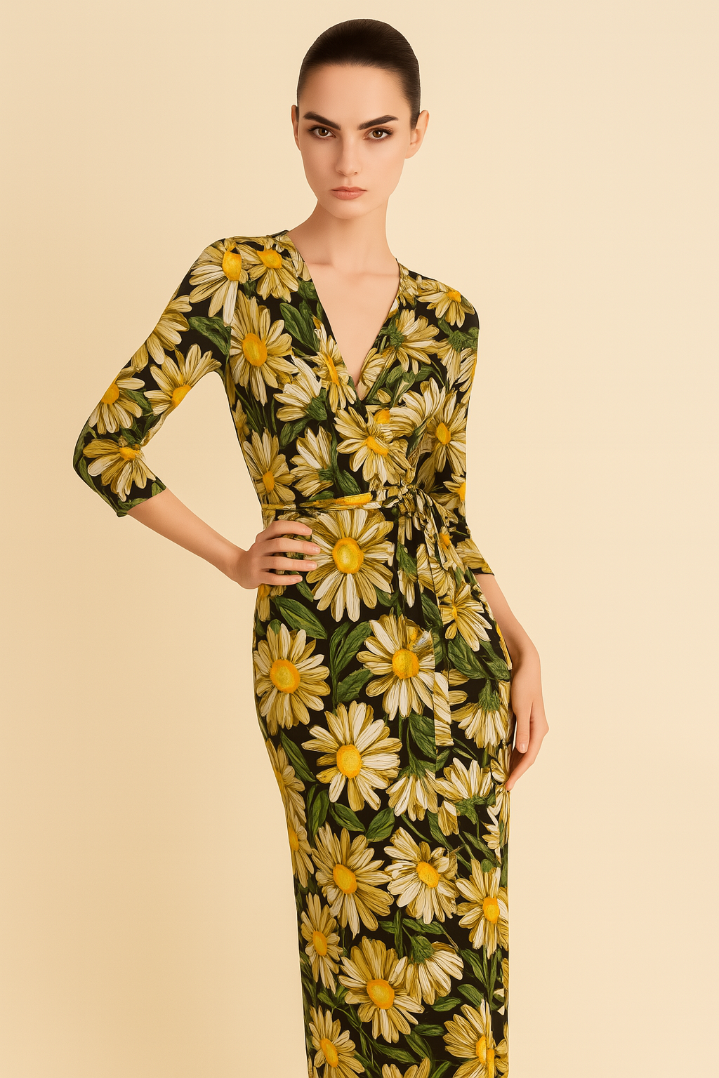 STELLA Wrap Style Dress with Yellow Daisies