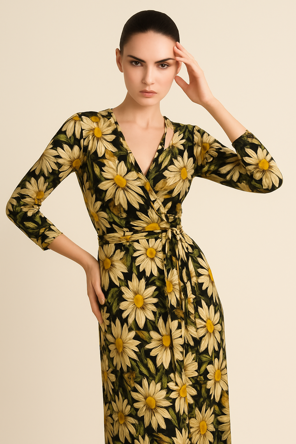 STELLA Wrap Style Dress with Yellow Daisies