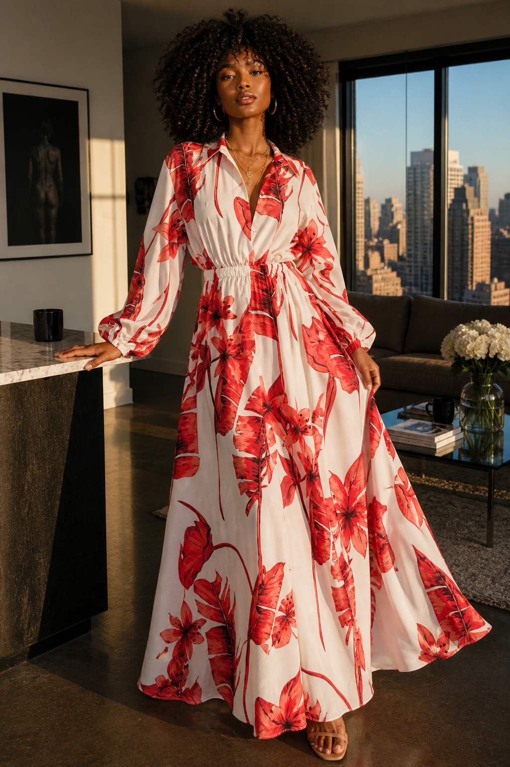 CONCEPCION 2026 TROPICAL Red Maxi Shirt Dress
