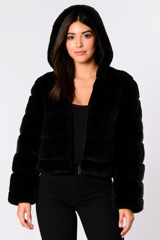 JORDAN Faux Fur Chinchilla Jacket with Hoodie in black