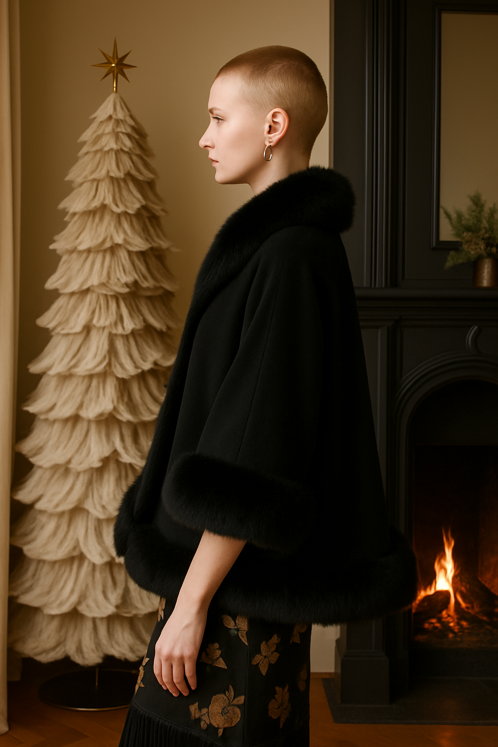 WINDSOR Cape with Black Faux Chinchilla Trim