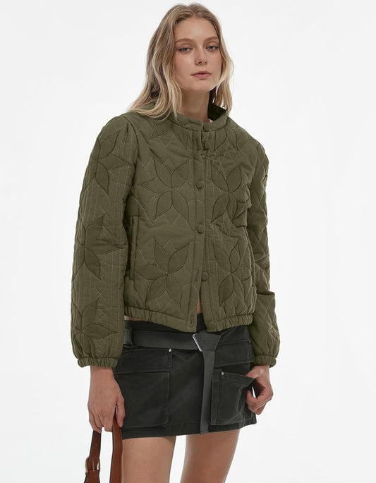 JAPANESE Style Quilted Crop Jacket in Green on Green