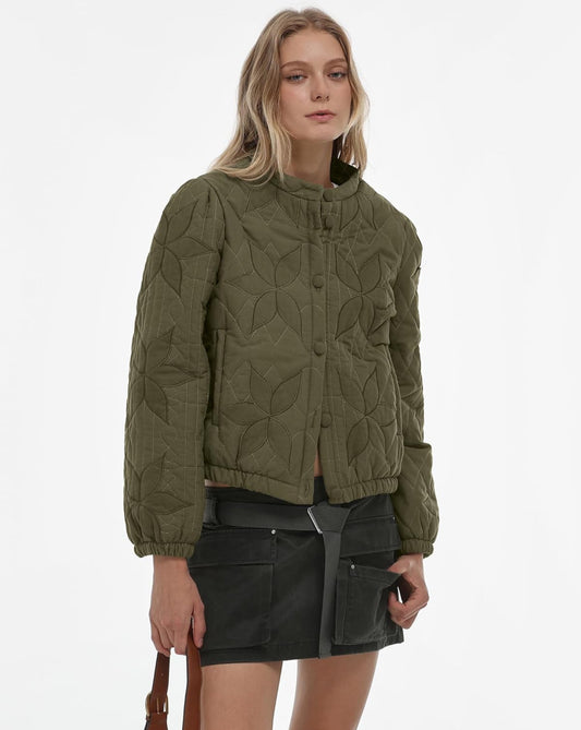 Cotton Quilted Crop Jacket in Olive Green