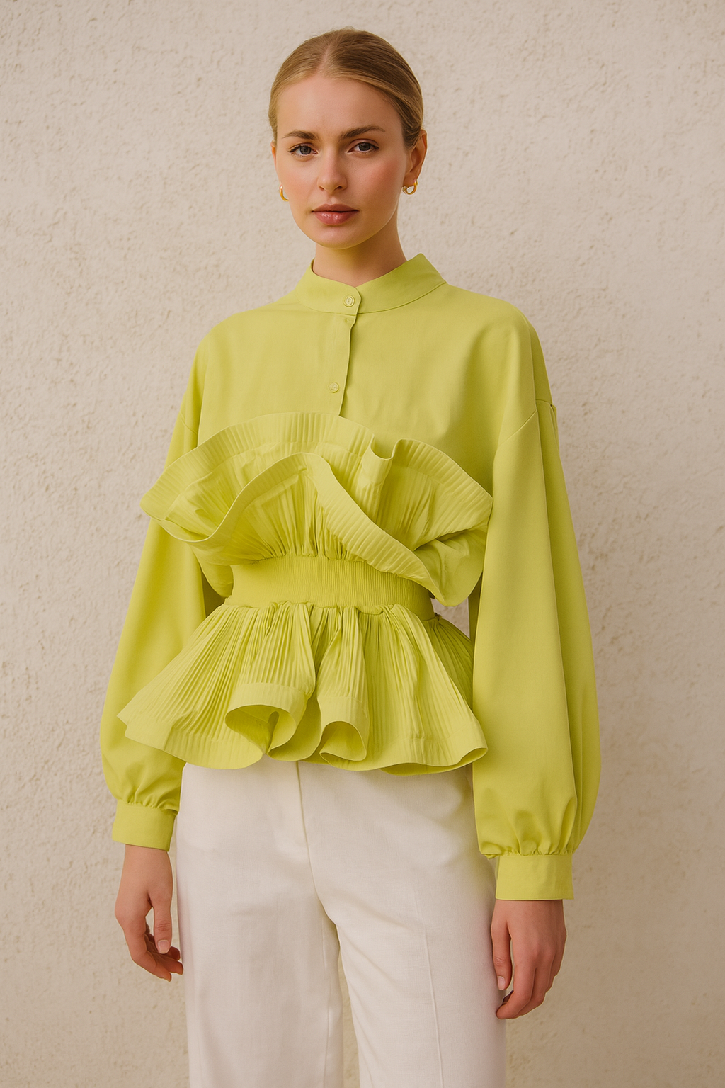 TURLINGTON Ruffled Blouse / Top in Celedon