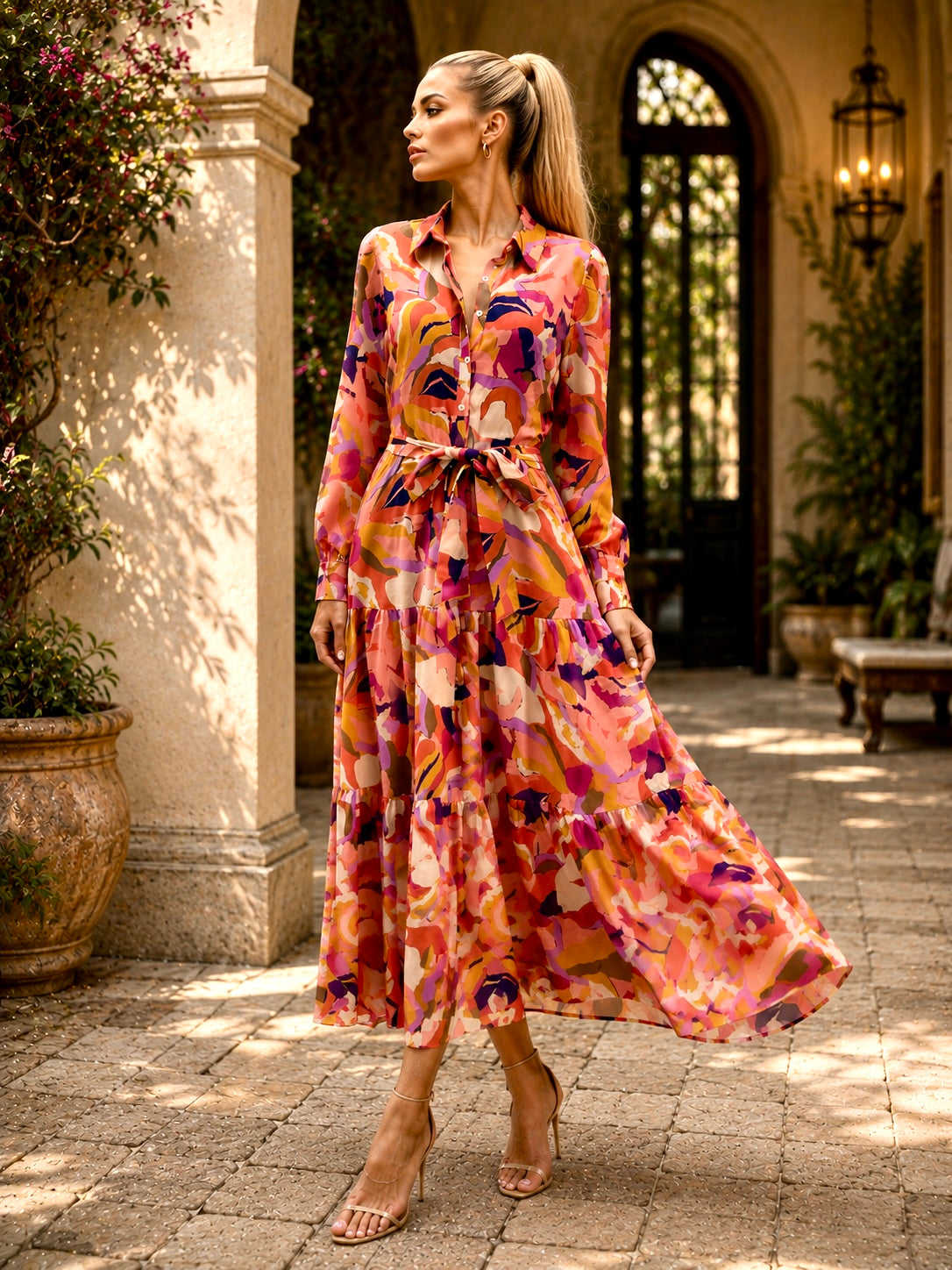 MAXIM 1960s Style Maxi Shirt Dress in Orange Print