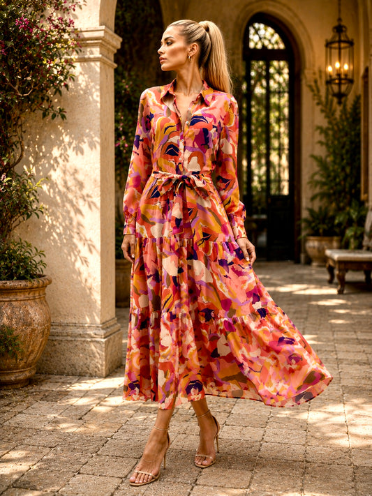 MAXIM 1960s Style Maxi Shirt Dress in Orange Print