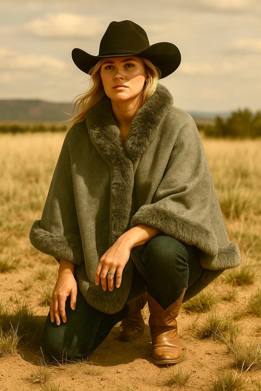 WINDSOR Cape with Grey Faux Chinchilla Trim