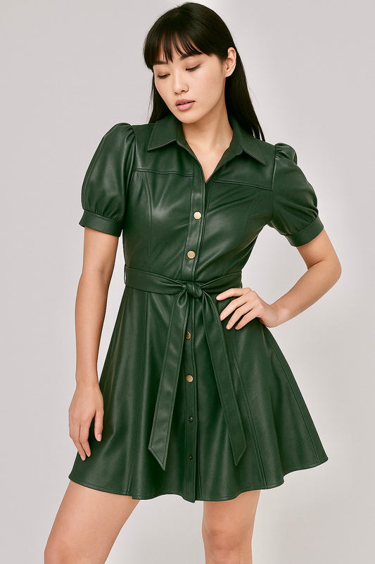 ADDISON Faux Leather Mini Dress in Hunter Green