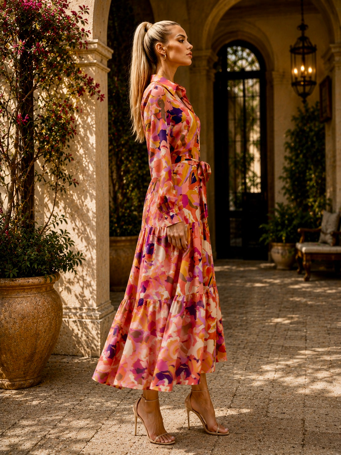 MAXIM 1960s Style Maxi Shirt Dress in Orange Print
