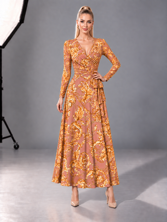 STELLA Wrap Style Dress in Pink with Gold Tones