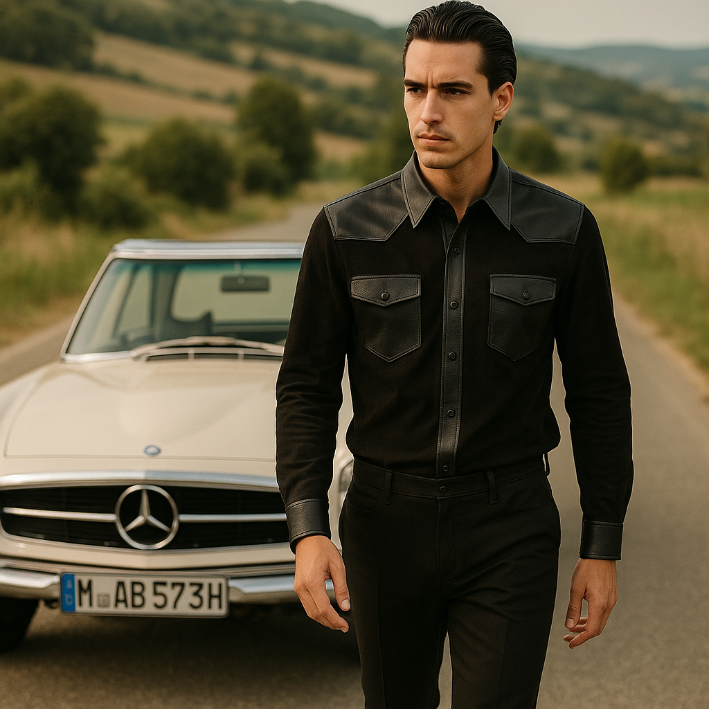 TESTINO Black Lambskin and Suede Western Shirt