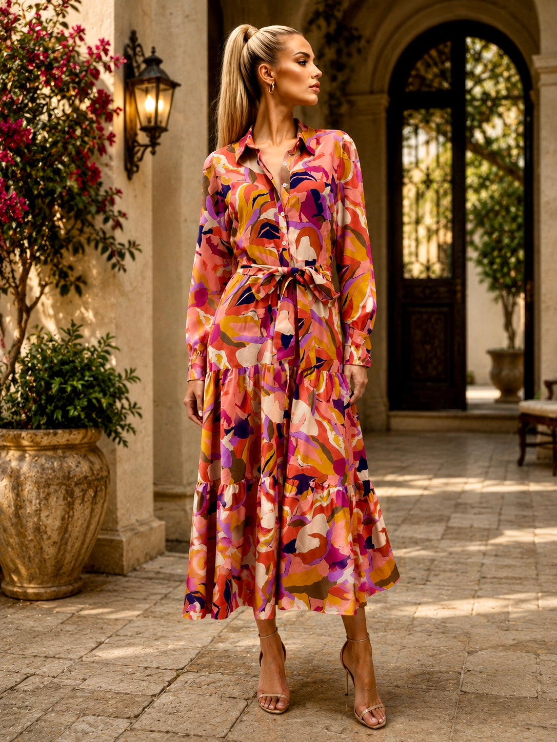 MAXIM 1960s Style Maxi Shirt Dress in Orange Print