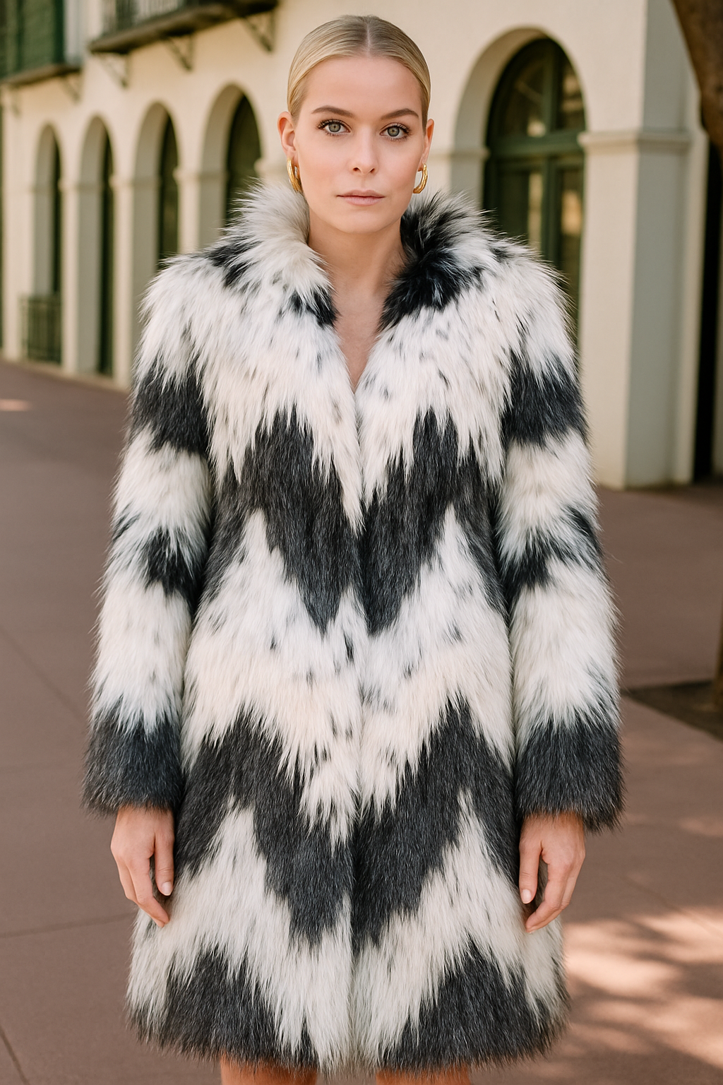 DRESDEN Faux Mongolian Fur Jacket in Blue/White Chevron