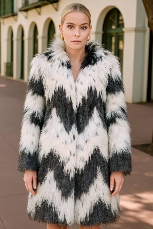 DRESDEN Faux Mongolian Fur Jacket in Blue/White Chevron