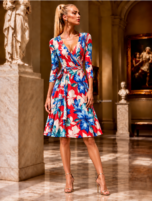 STELLA Short Wrap Style Dress w/ Red Floral Print