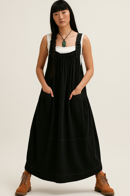 Cotton Overalls Dress , Bohemian Dress in Black