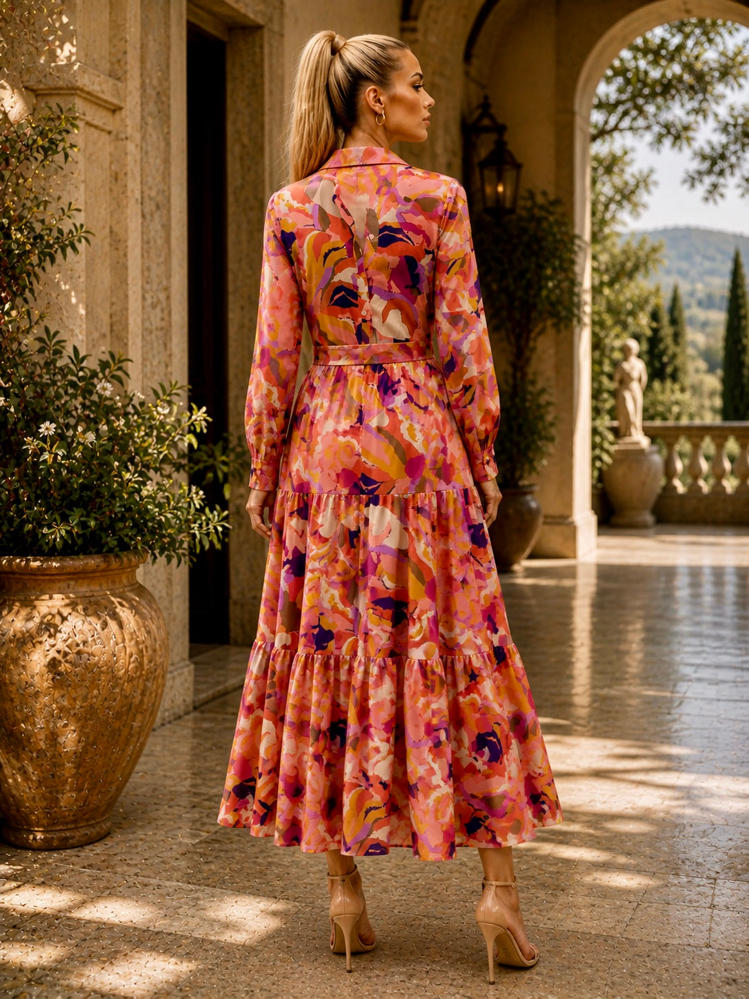 MAXIM 1960s Style Maxi Shirt Dress in Orange Print