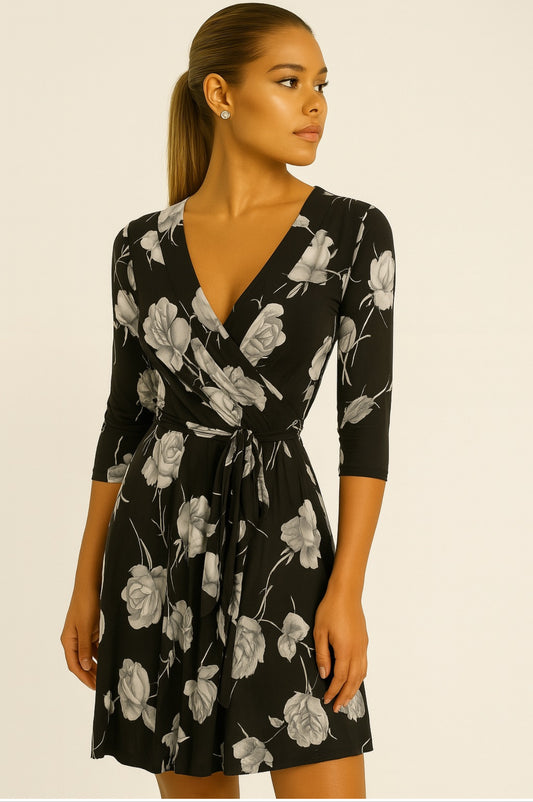 STELLA Wrap Style Short Dress w/ Silver Roses