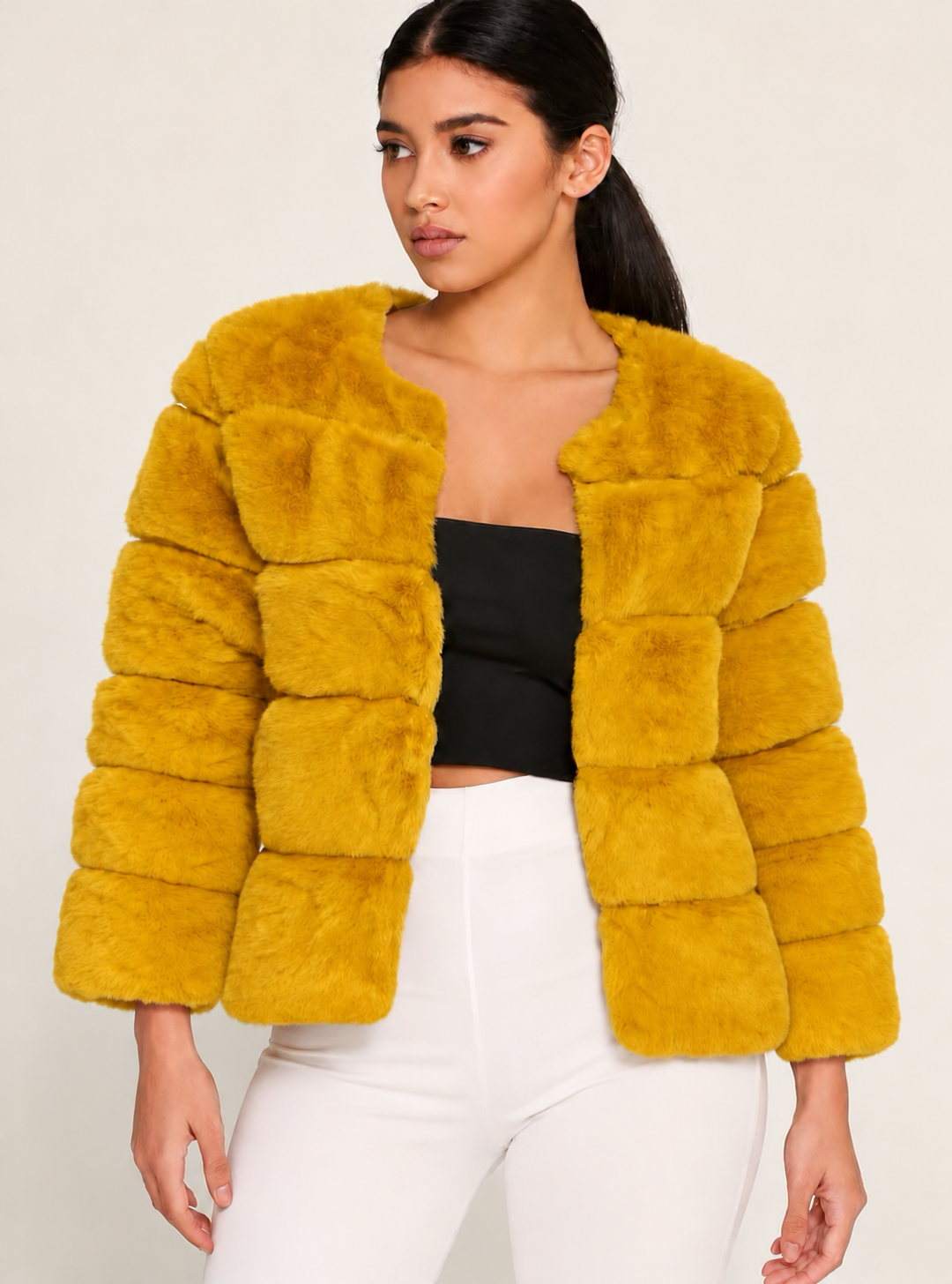 JORDAN Faux Chinchilla, 3/4 Sleeve Jacket in Mustard