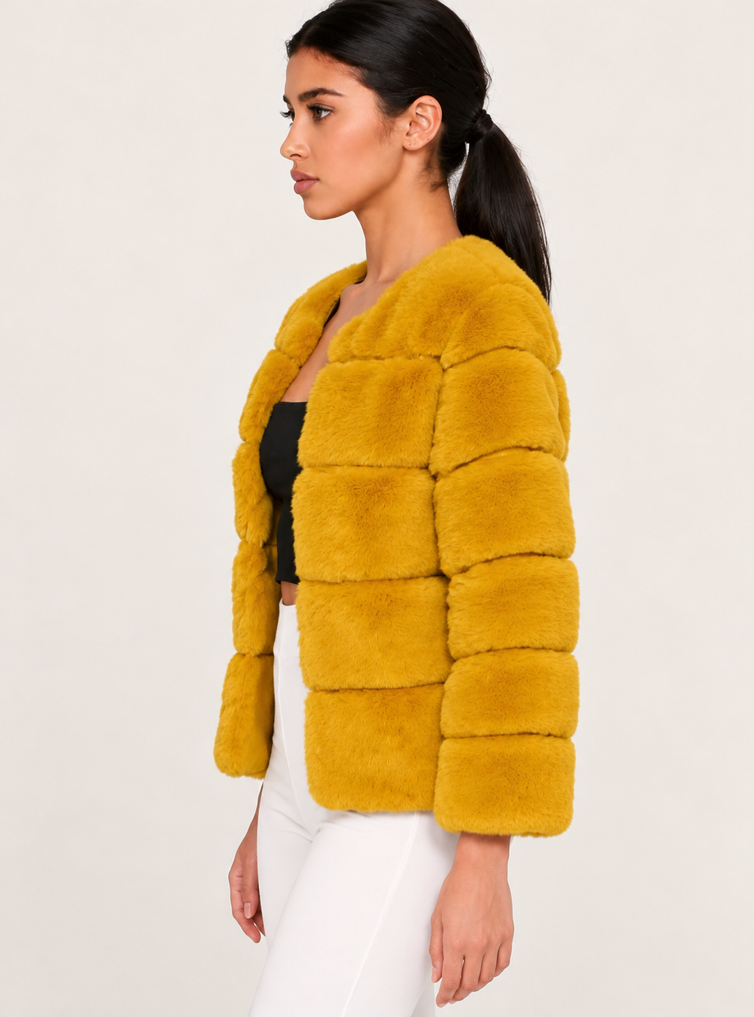 JORDAN Faux Chinchilla, 3/4 Sleeve Jacket in Mustard
