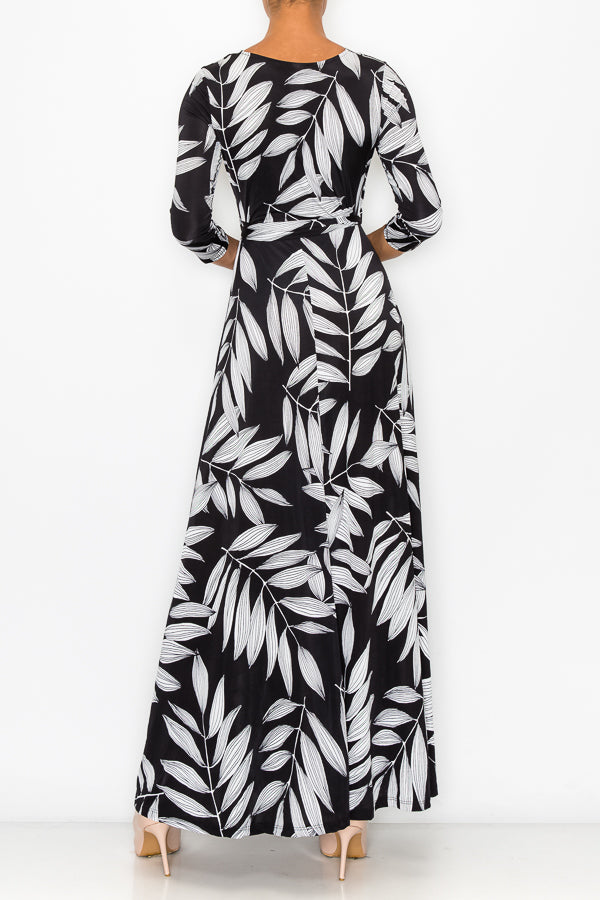 STELLA Wrap Style Dress in Black and White Leaf Print