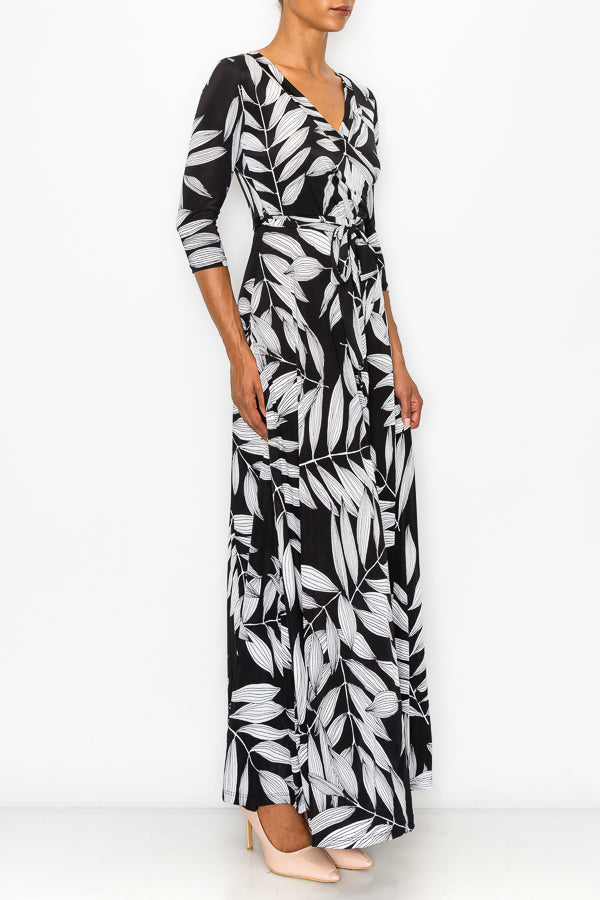 STELLA Wrap Style Dress in Black and White Leaf Print