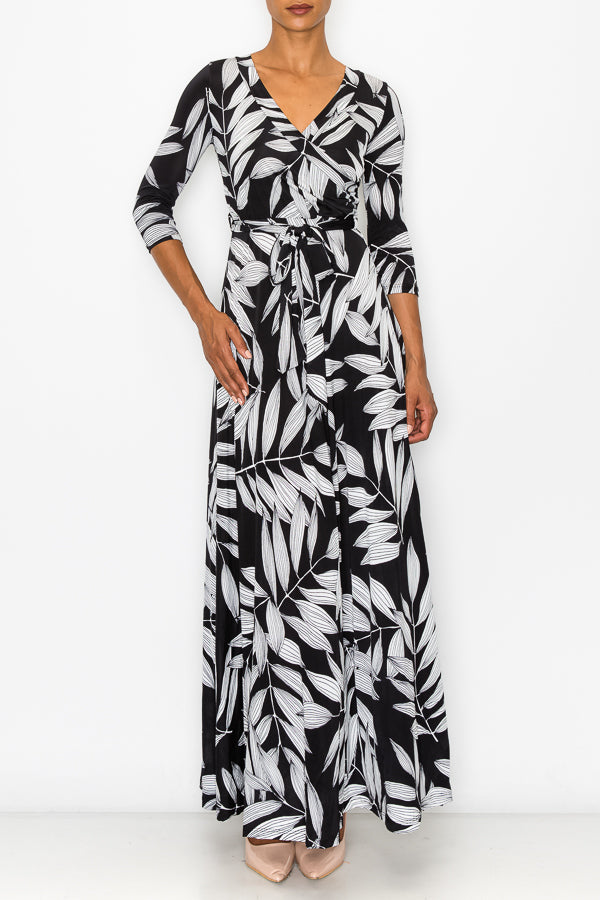 STELLA Wrap Style Dress in Black and White Leaf Print