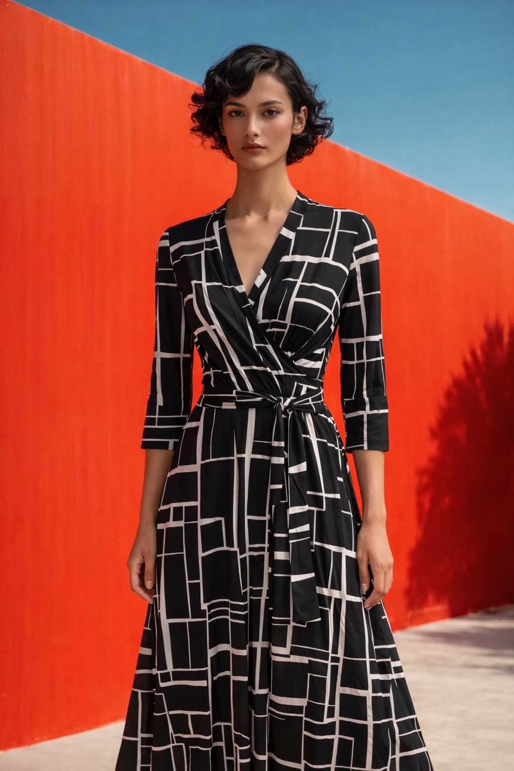 STELLA Wrap Style Dress in Black and White Block Print