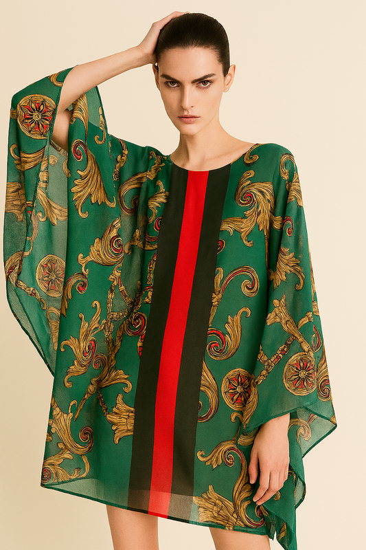 MADISON Caftan in Green and Gold Print , Mini Dress, Bikini Cover Up
