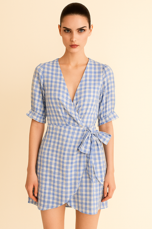 BELLA Cotton Wrap Dress in Blue Gingham