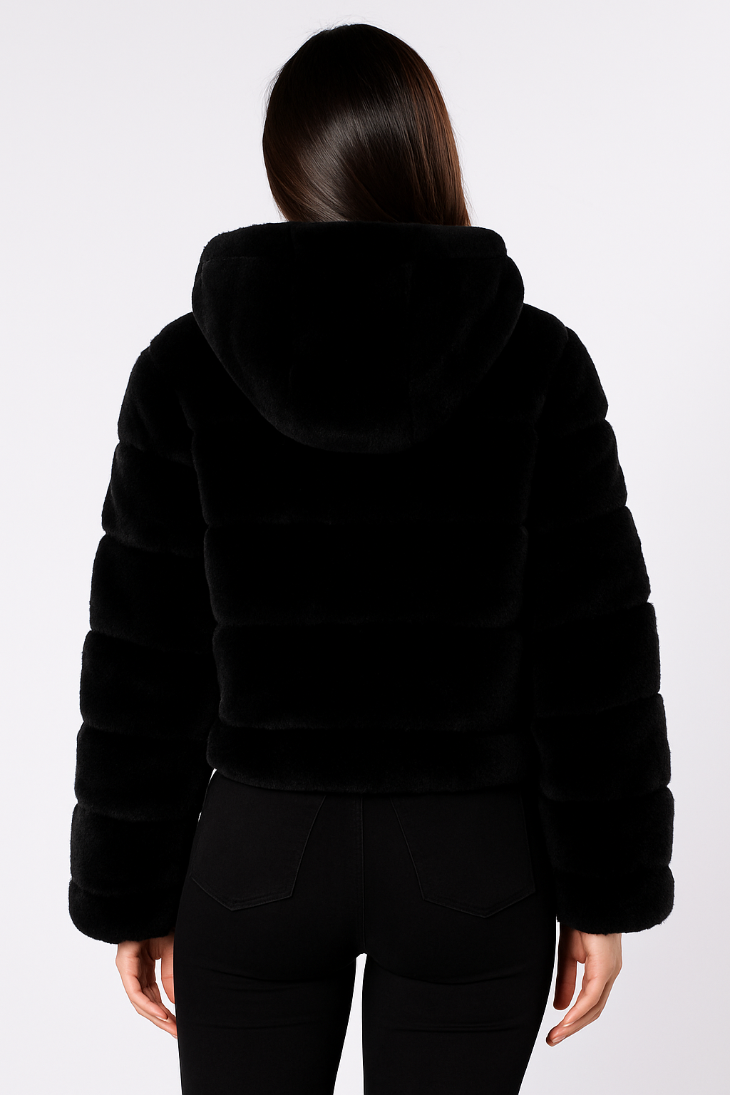 JORDAN Faux Fur Chinchilla Jacket with Hoodie in black